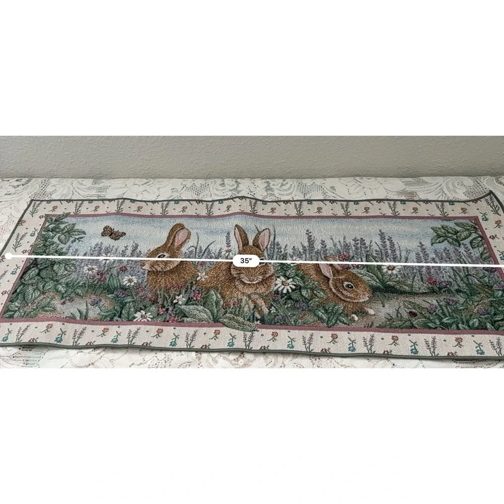 Woodland Bunny Rabbit Floral Woven Tapestry Table Runner Spring Easter Decor